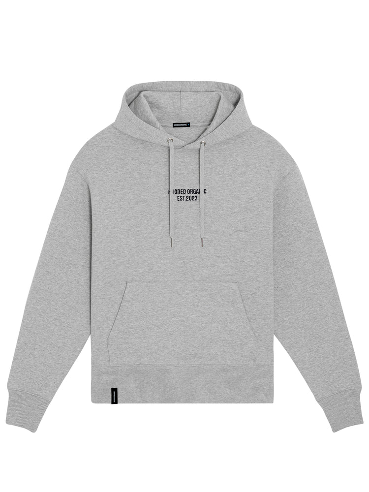 Produktbillede af grå hoodie set forfra med Hooded Organic-logo – 100% økologisk og danskproduceret kvalitet