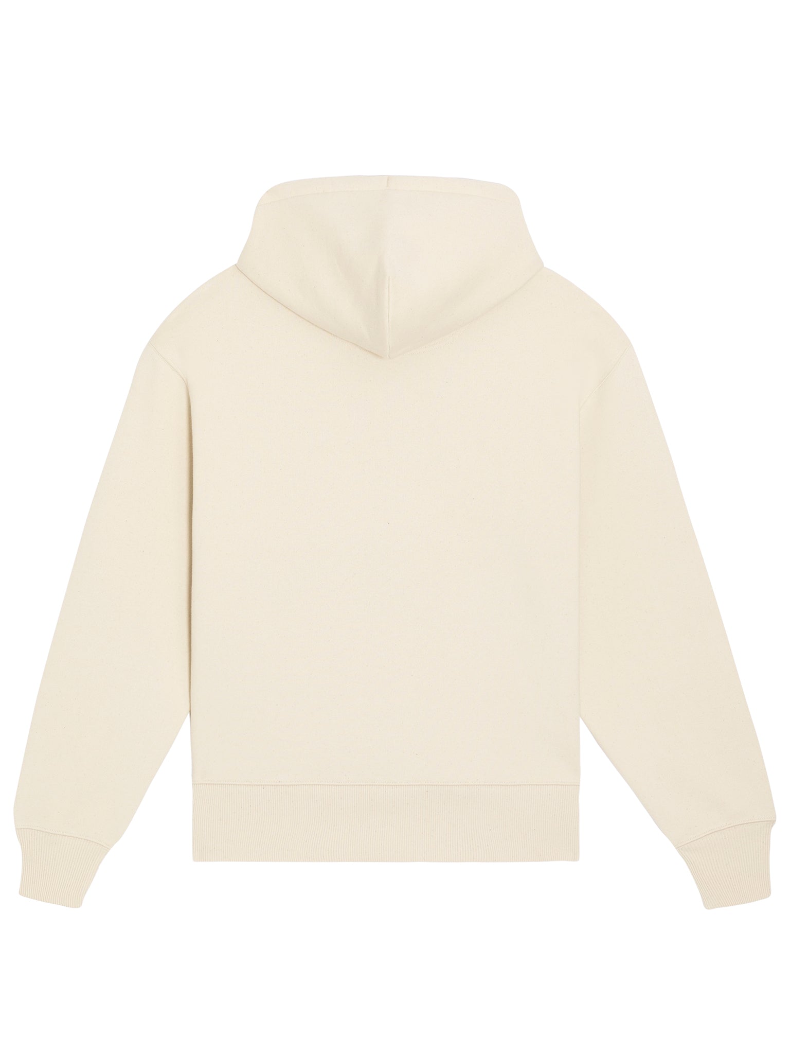 Beige hoodie med logo set bagfra – comfy pasform og 100% økologisk tekstil

