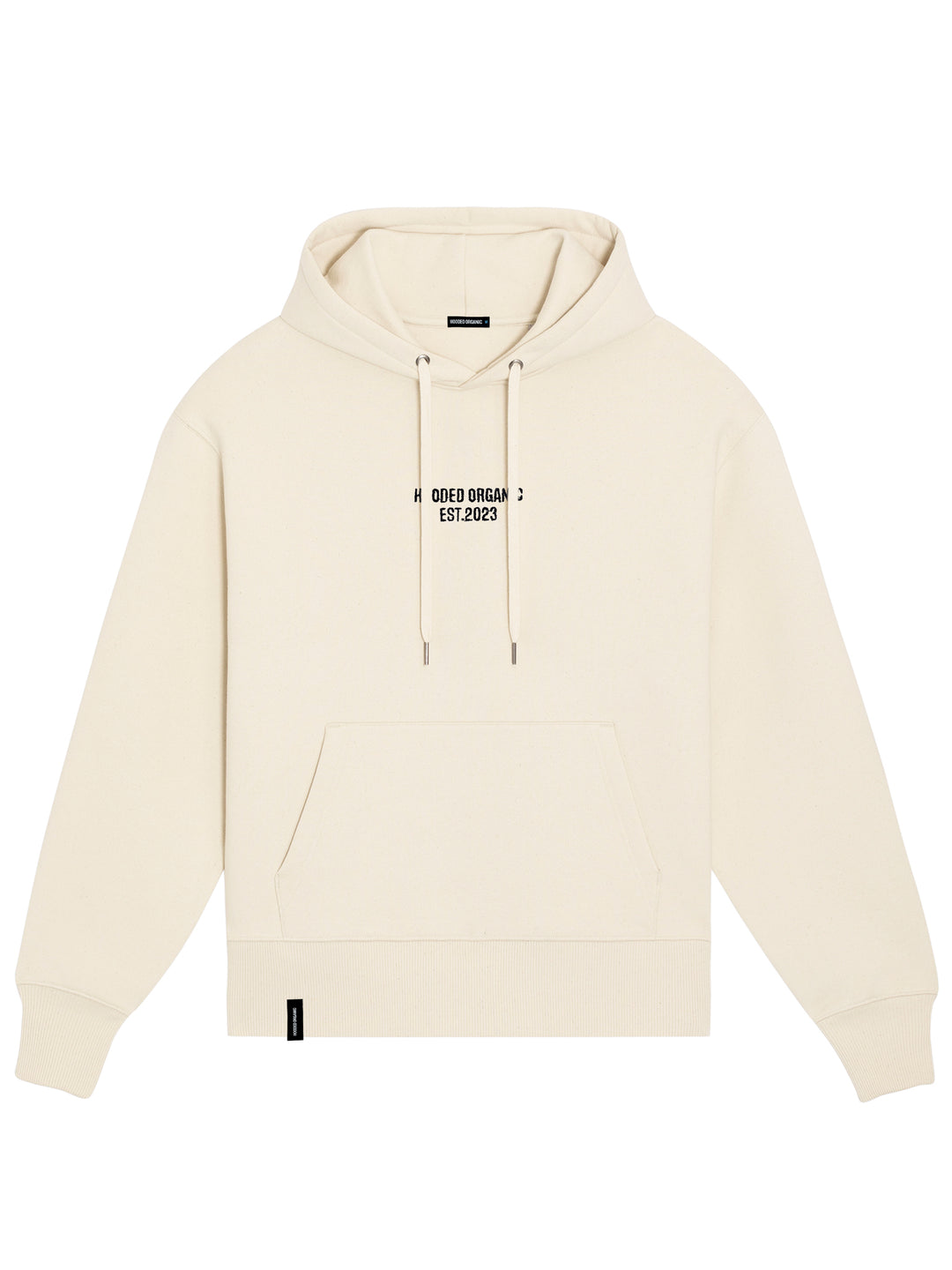 Beige hoodie med Hooded Organic-logo set forfra – relaxed fit og 100% økologisk kvalitet
