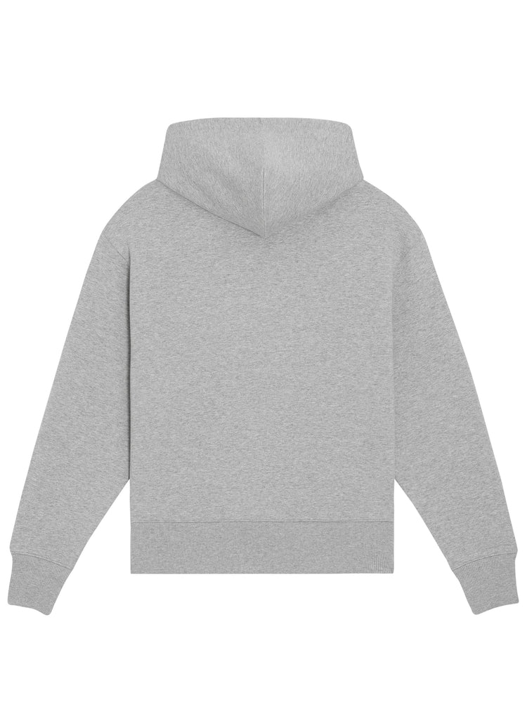 Grå hoodie set bagfra som rent produktbillede – lavet i 100% økologisk bomuld og egnet til hverdagsbrug